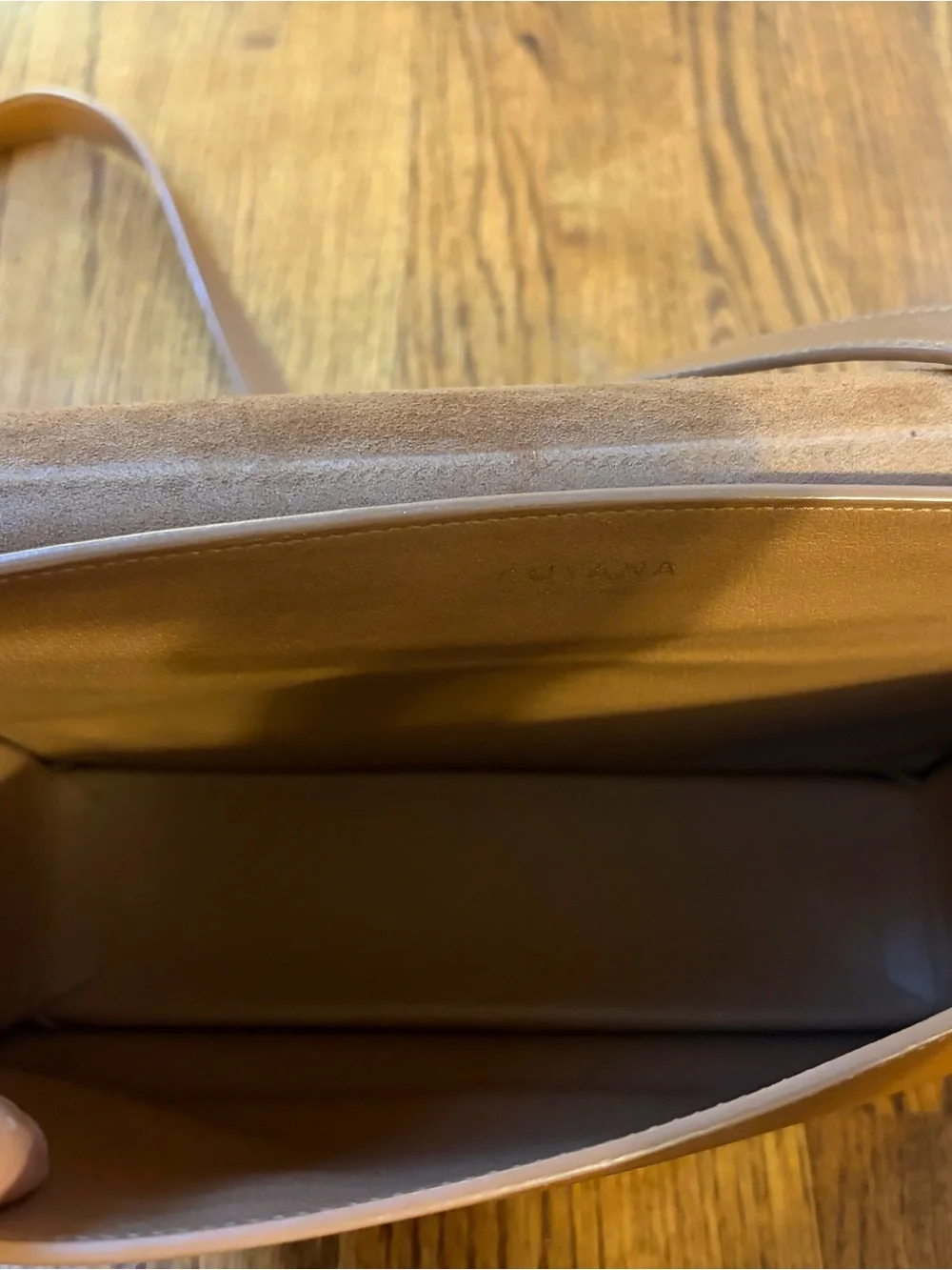 Cuyana Tan Suede and Leather Crossbody Bag with Gold Accent